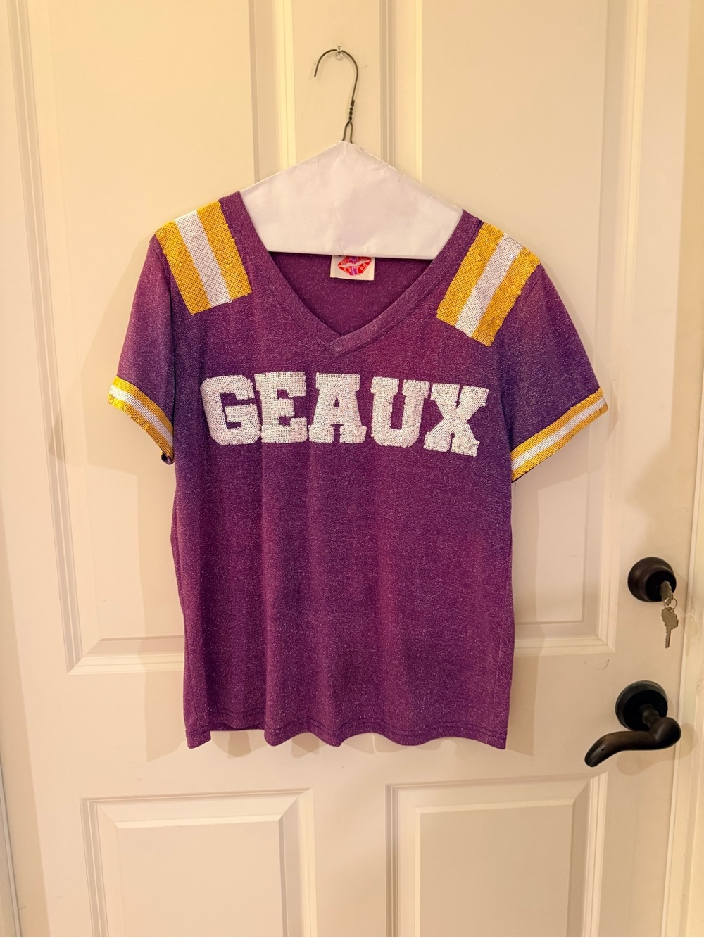 Sparkle City LSU Purple 'GEAUX' Short Sleeve V-Neck Top